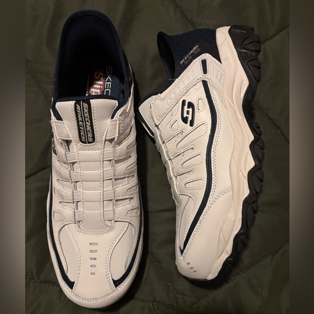 Skechers Men's White and Black athletic slip on shoes